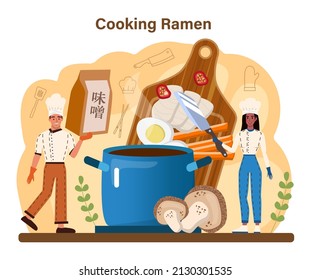 Ramen noodles. Traditional Japanese food, bowl of soup with meat, noodles, mushrooms and seaweed. Asian cuisune restaurant. Flat vector illustration