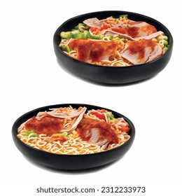 Ramen noodles with turkey 3D realistic vector graphic isolated white background fast food