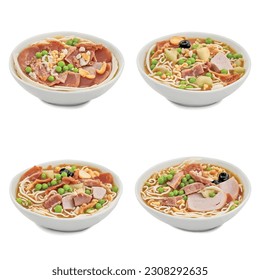 Ramen with noodles, turkey, peas, salami, kiwis, black currants, cashews, looks delicious isolated on a white background in a 3D vector graphic for a restaurant.