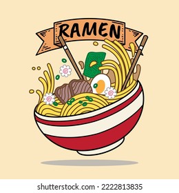 Ramen noodles vector illustration on bowl and chopstick with vintage retro flat style. Japanese noodle soup.