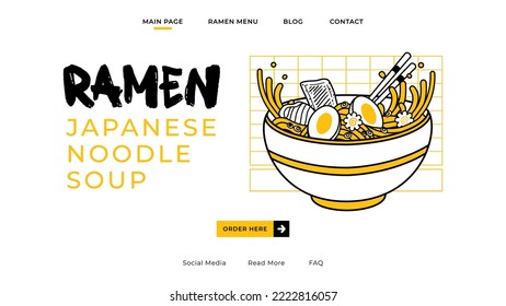 Ramen noodles vector illustration on bowl and chopstick with vintage retro flat style landing page, website banner, social media advertising, cover concept and presentation.