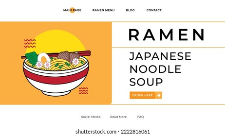 Ramen noodles vector illustration on bowl and chopstick with vintage retro flat style landing page, website banner, social media advertising, cover concept and presentation.