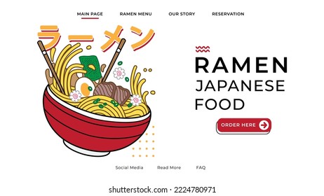 Ramen noodles vector illustration on bowl and chopstick with vintage retro flat style landing page, website banner, social media advertising, cover concept and presentation. Kanji means Ramen