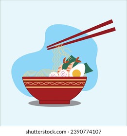 Ramen noodles vector illustration on bowl and chopstick . Suitable for sticker, t-shirt, mug, banner, etc.Eps 10

