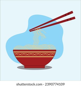 Ramen noodles vector illustration on bowl and chopstick . Suitable for sticker, t-shirt, mug, banner, etc.Eps 10

