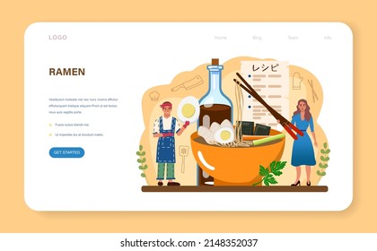 Ramen noodles web banner or landing page. Traditional Japanese food, bowl of soup with meat, noodles, mushrooms and seaweed. Asian cuisune restaurant. Flat vector illustration