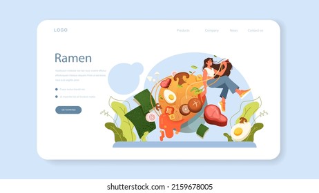 Ramen noodles web banner or landing page. Traditional Japanese food, bowl of soup with meat, noodles, mushrooms and seaweed. Asian cuisune restaurant. Flat vector illustration
