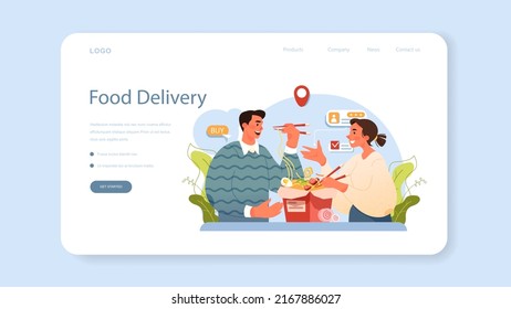 Ramen noodles web banner or landing page. Traditional Japanese food, bowl of soup with meat, noodles, mushrooms and seaweed. Asian cuisune restaurant. Flat vector illustration