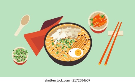 Ramen noodles wok. Bowl with spicy Thai food. Asian soup with egg, pork, mushrooms. Japanese wok dish with chopsticks, spoon and spices isolated. Vector flat of oriental cuisine delicacies culture.