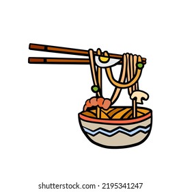Ramen noodles and wooden sticks in bowl. Chopsticks with long pasta. Asian Japanese and Chinese food. Shrimp, egg and shiitake mushroom topping
