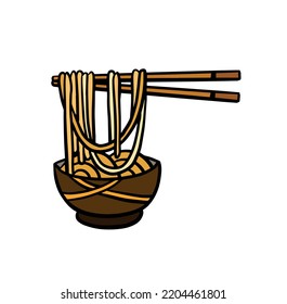Ramen noodles and wooden sticks in bowl. Chopsticks with long pasta. Asian Japanese and Chinese food.
