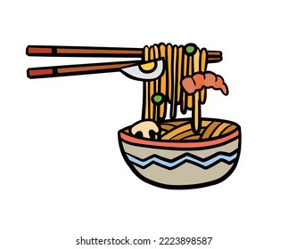 Ramen noodles and wooden sticks in bowl. Chopsticks with long pasta. Asian Japanese and Chinese food.