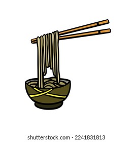 Ramen noodles and wooden sticks in bowl. Chopsticks with long pasta. Asian Japanese and Chinese food.