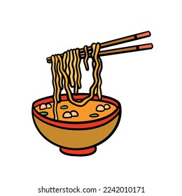 Ramen noodles and wooden sticks in bowl. Chopsticks with long pasta. Asian Japanese and Chinese food.