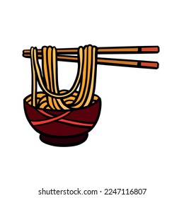 Ramen noodles and wooden sticks in bowl. Chopsticks with long pasta. Asian Japanese and Chinese food.