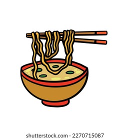 Ramen noodles and wooden sticks in bowl. Chopsticks with long pasta. Asian Japanese and Chinese food.