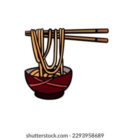 Ramen noodles and wooden sticks in bowl. Chopsticks with long pasta. Asian Japanese and Chinese food.