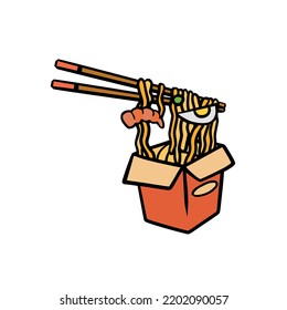 Ramen Noodles And Wooden Sticks In Cardboard Package. Chopsticks With Long Pasta In Box. Asian Japanese And Chinese Food. Shrimp, Egg And Shiitake Mushroom Topping