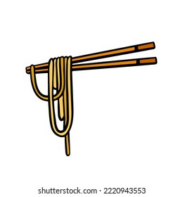 Ramen noodles and wooden sticks. Chopsticks with long pasta. Asian Japanese and Chinese food. Cartoon illustration