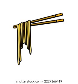 Ramen noodles and wooden sticks. Chopsticks with long pasta. Asian Japanese and Chinese food. Cartoon illustration