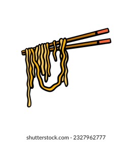 Ramen noodles and wooden sticks. Chopsticks with long pasta. Asian Japanese and Chinese food. Cartoon illustration