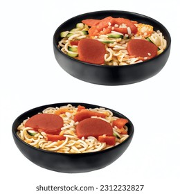 Ramen noodles with zucchini and pepperoni 3d realistic vector graphic isolated white background fast food