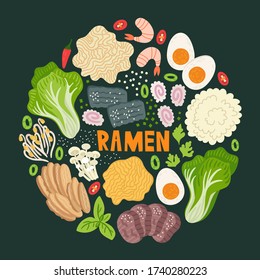 Ramen on table. Top view. Illustration with japanese soup in flat style. Asian food: miso, egg, meat, nori, lemon, noodles, pork, soybean sprouts, kamaboko, Enoki, Bok choy. Vector round composition.