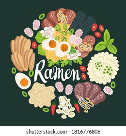 Ramen on table. Top view. Illustration with japanese soup in flat style. Asian food: miso, egg, meat, nori, lemon, noodles, pork, soybean sprouts, kamaboko, Enoki, Bok choy. Vector round composition.