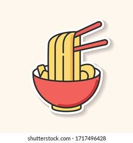 Ramen patch. Instant noodles in bowl with chopsticks. Traditional japanese soba. Asian cuisine dish. Chinese culinary meal. RGB color printable sticker. Vector isolated illustration