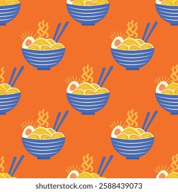 Ramen. A pattern of bowls with noodles and eggs. The bowls are blue and orange