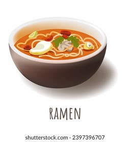 Ramen popular Japanese dish that consists of wheat noodles served in meat and flavored with soy sauce or miso. Asian noodle soup topped with sliced pork and green onions. Vector in flat style