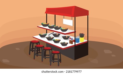 Ramen pop-up stall with stools, ramen bowls, condiments, spoon, chopsticks, utensils, and stools on the roadside or at a park