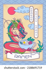 Ramen poster. Japanese dragon eat gourmet dinner, spicy umami and asian pattern frame vector illustration. Mythological creature eating traditional soup dish with chopsticks, restaurant menu