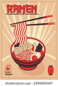 Cartel de Ramen. Tienda de sopa de fideos japoneses Anuncio de cómic retro, fideos udon con carne de huevo en tazón Japón ramens etiqueta engomada de etiqueta vintage etiqueta de comida asiática china, Ilustración vectorial ordenada