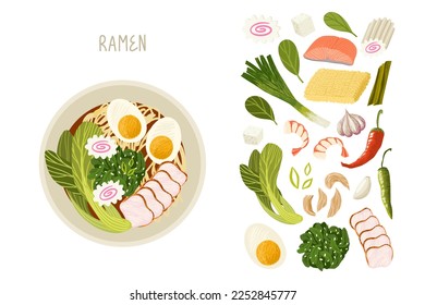 Ramen recipe template. Traditional asian cuisine. Flat lay. Vector clipart.