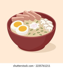 Ramen in a red plate on a light orange background