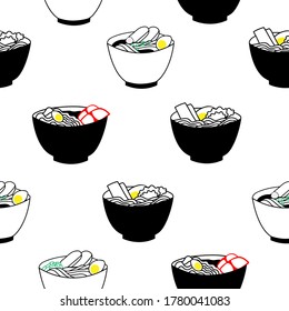 Ramen seamless  pattern in Doodle style. Various hand-drawn bowls of Chinese egg noodles. Asian cuisine. Vector illustration isolated on a white background.