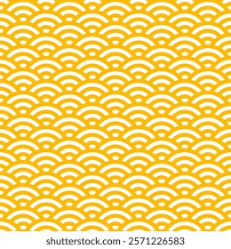 Ramen seamless pattern, noodle pasta background captures elegant, geometric asian style with cultural aesthetics and yellow colors. Vector tile featuring intertwined macaroni or spaghetti strands