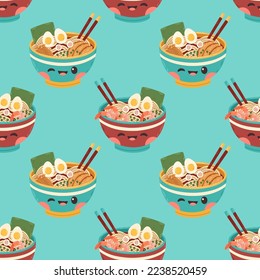 Ramen seamless pattern noodle soup in the bowl with shrimps and chicken illustration design vector