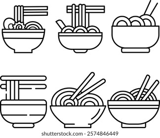 Ramen set icon, noodle icon, egg, chopsticks, ramen bowl, black outline, vector, black and white content. illustration design