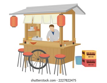 Ramen shop. Food stand and shop owner.