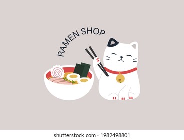 A ramen shop logo, a cute Maneki Neko cat holding wooden chopsticks, Asian restaurant design svg