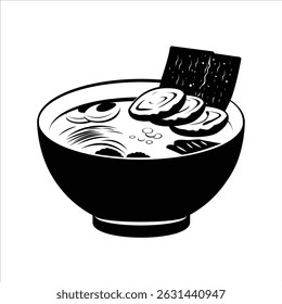 Ramen Silhouette Icon,Black and white icon of ramen bowl with noodle and topping detail.