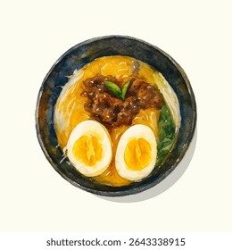 ramen with sliced ​​meat and egg watercolor illustration. Suitable for any purpose, such as digital walpeper, etc