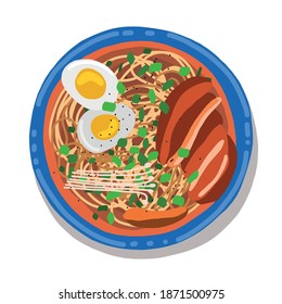 Ramen soup with boiled egg, pasta and meat isolated hand drawn vector illustration. Bowl of ramen. Soup with eggs and meat icon. Frontal view.
