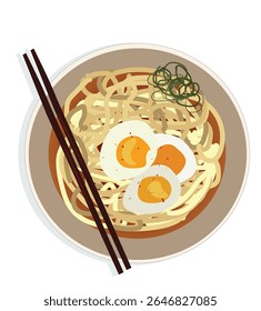 Ramen soup in a bowl with chopsticks.