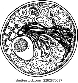 Ramen soup in a bowl hand drawn illustration.