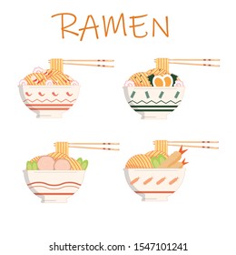 ramen soup bowl with noodles, sliced chashu marinated braised pork, boiled eggs halves,nori algae, chopsticks. Japanese dish. Flat vector isolated illustration. vector