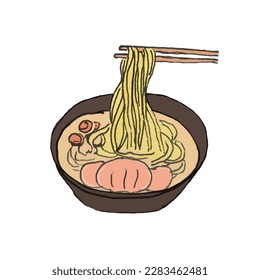 Ramen soup bowl with noodles, sliced chashu marinated braised pork, chopsticks. Traditional Japanese dish. Hand drawn style vector. - Shutterstock ID 2283462481