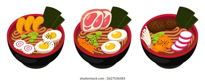 Ramen soup bowl set. Shrimp, pork and vegan traditional Japanese dish with thick udon noodles. Cartoon vector illustration.